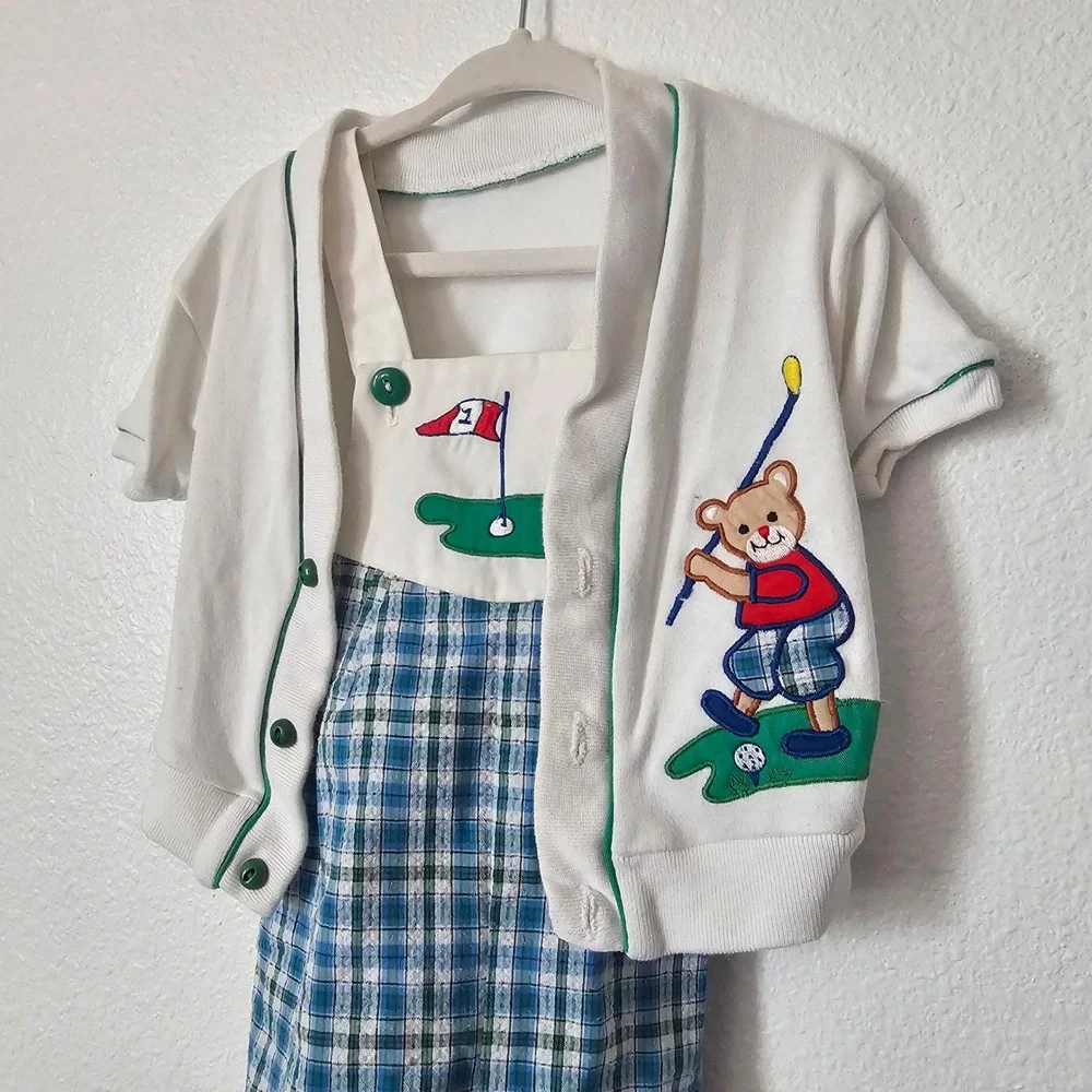 Vintage 18M Golf Teddy Bear Romper and Cardigan Set Blue Green Plaid 2pc